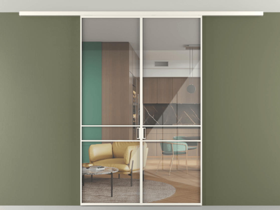 Перегородка Формато вдоль стены на потолок 2 створки АЛПР 040.02 Алюминий пудровый белый Рефлективное прозрачное стекло "Стопсол", калёное Цена 207676 ₽ | Volhovec