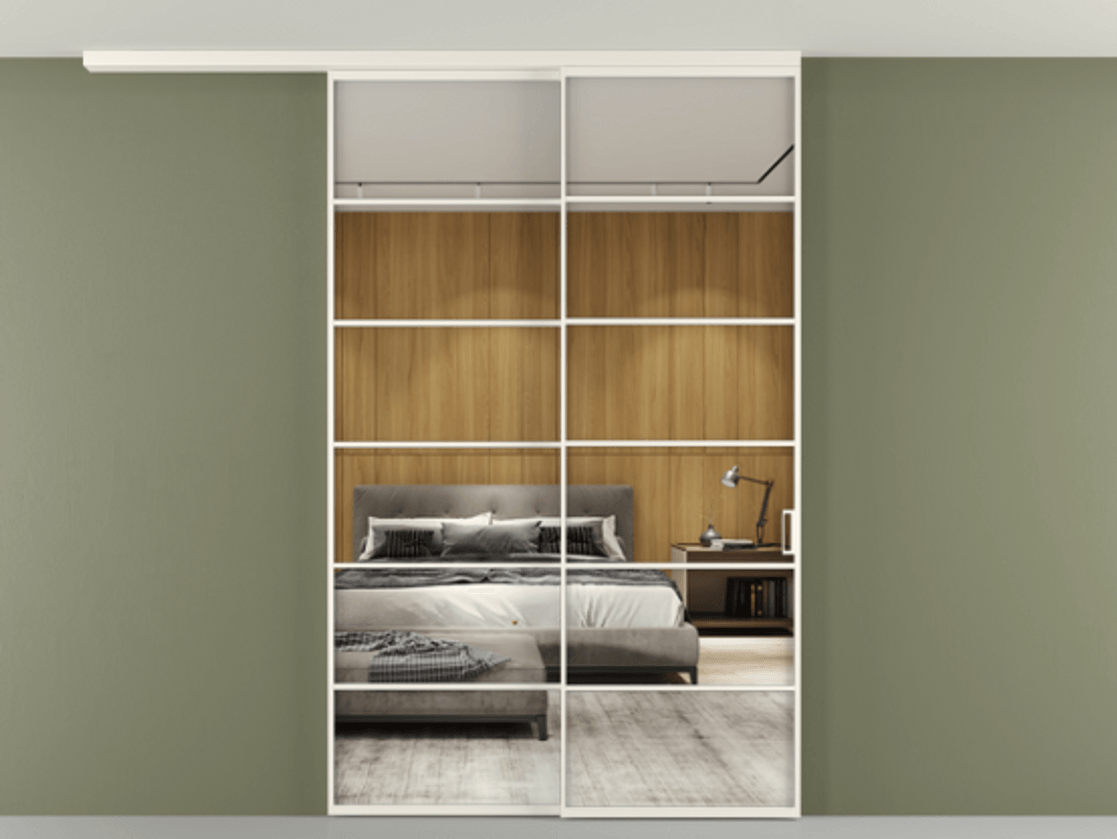 Перегородка Формато вдоль стены на потолок 2 створки с синхронным механизмом АЛПР 040.04 Алюминий пудровый белый Двустороннее зеркало, триплекс , триплекс 6 мм Цена 291704 ₽ | Volhovec