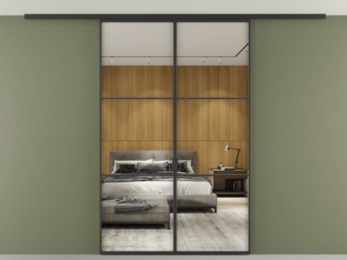 Перегородка Формато вдоль стены на потолок 2 створки АЛПР 040.03 Алюминий Черный Двустороннее зеркало, триплекс , триплекс 6 мм Цена 187440 ₽ | Volhovec