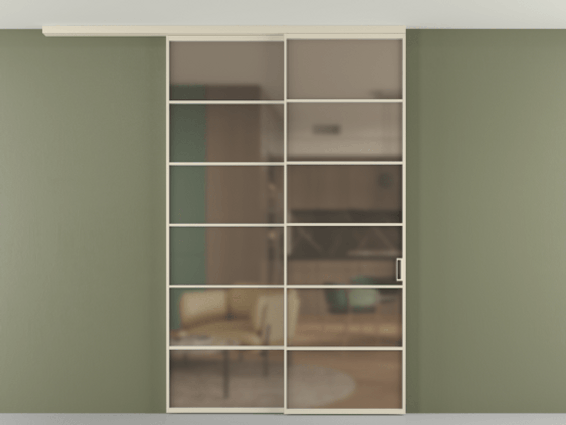 Перегородка Формато вдоль стены на потолок 2 створки с синхронным механизмом АЛПР 040.04 Алюминий бежево-серый Сатинированное бронзовое стекло, триплекс Цена 291704 ₽ | Volhovec