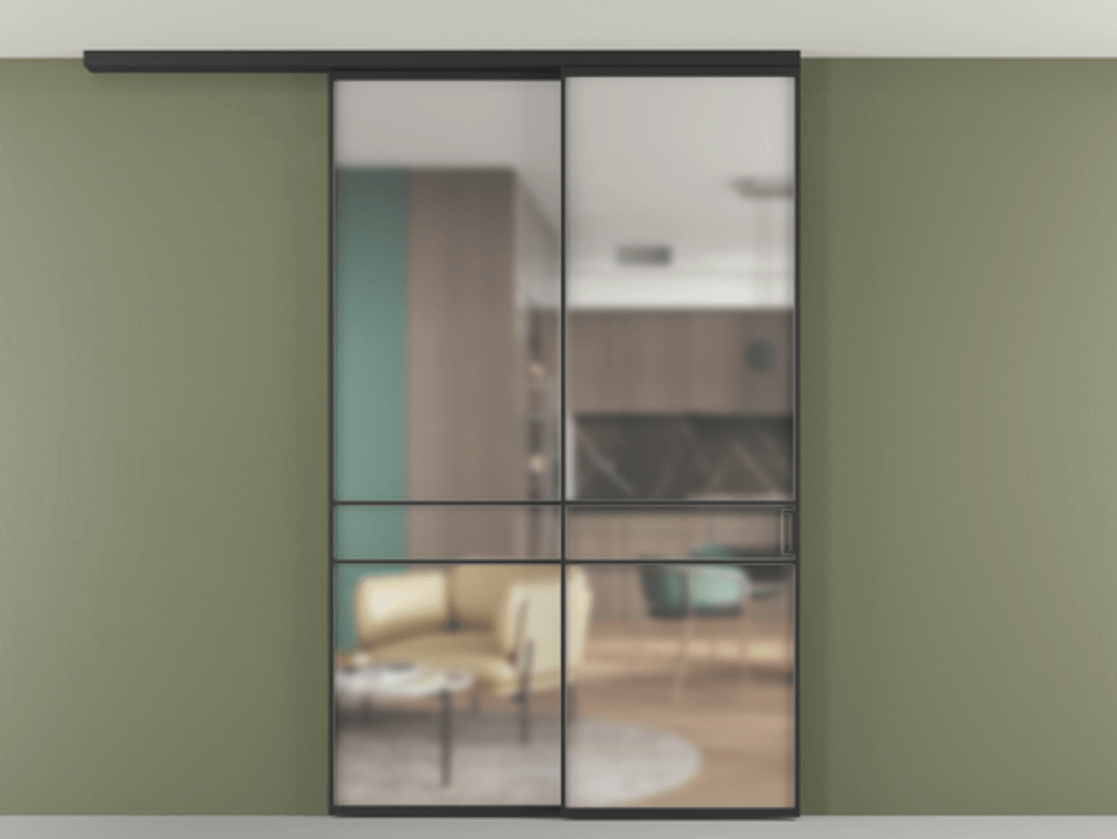 Перегородка Формато вдоль стены на потолок 2 створки с синхронным механизмом АЛПР 040.02 Алюминий Черный Сатинированное стекло "Мателюкс Кристал Вижн", калёное, матовое, каленое 6 мм Цена 277440 ₽ | Volhovec