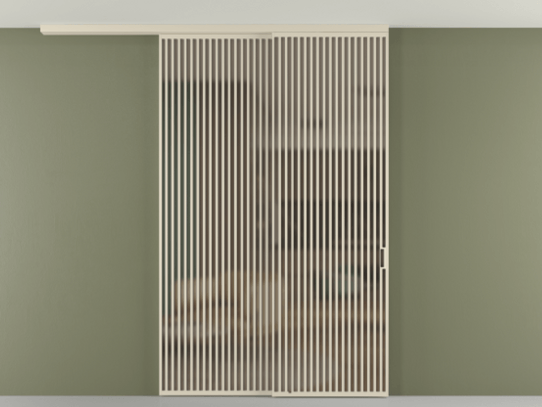 Перегородка Формато вдоль стены на потолок 2 створки с синхронным механизмом АЛПР 040.06 Алюминий бежево-серый Сатинированное бронзовое стекло, триплекс Цена 450456 ₽ | Volhovec