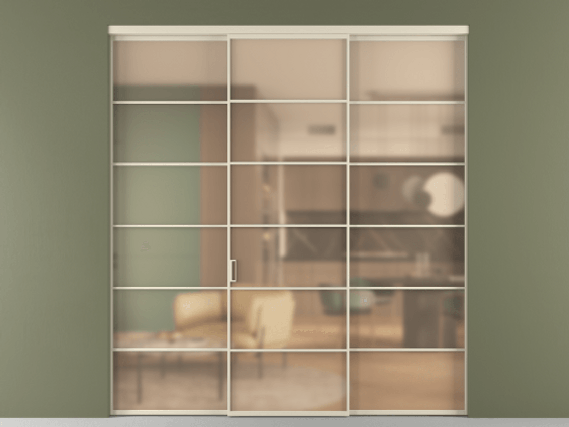 Перегородка Формато внутри проёма 3 створки АЛПР 040.04 Алюминий бежево-серый Сатинированное оранжевое стекло, триплекс Цена 317000 ₽ | Volhovec