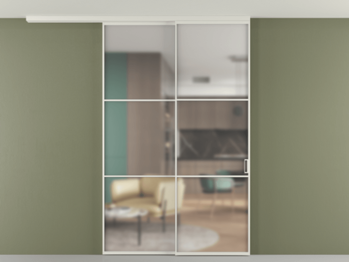 Перегородка Формато вдоль стены на потолок 2 створки с синхронным механизмом АЛПР 040.03 Алюминий Белый Сатинированное стекло "Мателюкс Кристал Вижн", калёное, матовое, каленое 6 мм Цена 277440 ₽ | Volhovec