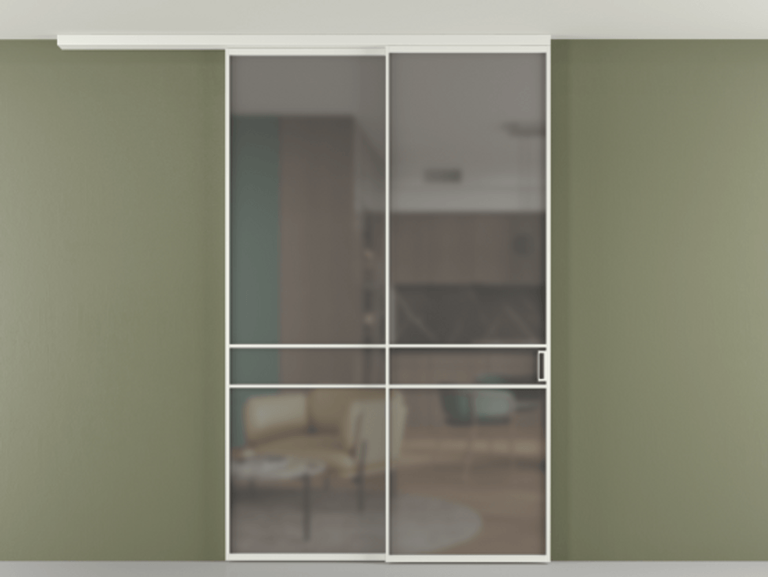 Перегородка Формато вдоль стены на потолок 2 створки с синхронным механизмом АЛПР 040.02 Алюминий светло-серый Сатинированное серое стекло, триплекс Цена 277976 ₽ | Volhovec