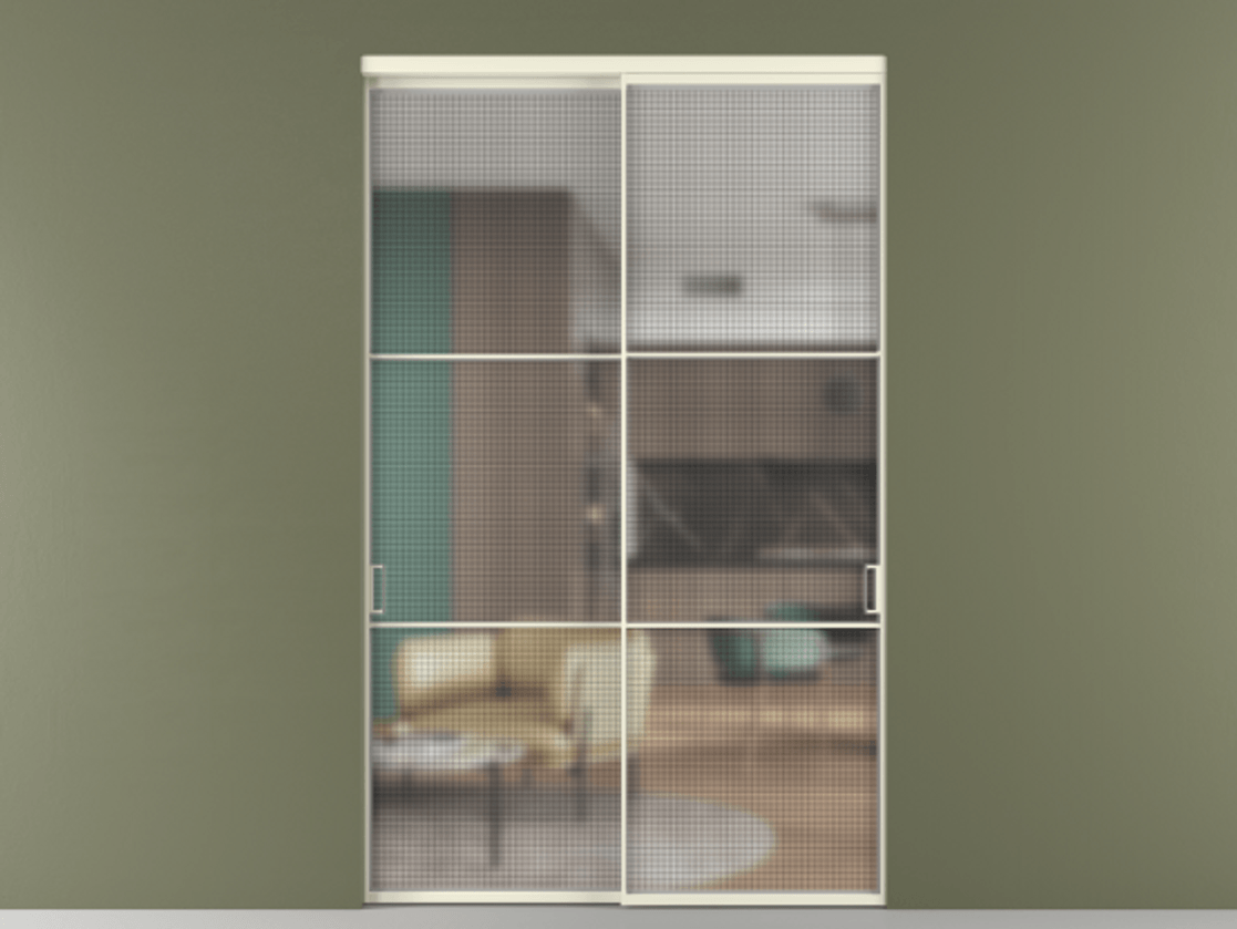 Перегородка Formato внутри проёма 2 створки АЛПР 040.03 Алюминий молочно-белый Декоративное стекло с сеткой "Mesh silver", триплекс Цена 445060 ₽  | Volhovec