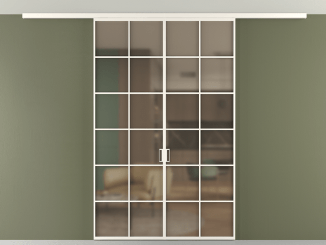 Перегородка Формато вдоль стены на потолок 2 створки АЛПР 040.05 Алюминий пудровый белый Сатинированное бронзовое стекло, триплекс Цена 208604 ₽ | Volhovec