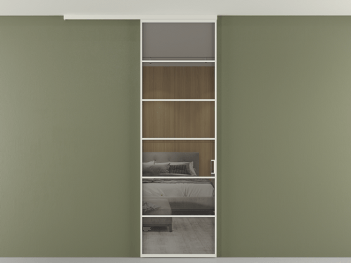 Перегородка Формато вдоль стены на потолок 1 створка АЛПР 040.04 Алюминий Белый Рефлективное серое стекло "Стопсол", калёное Цена 110032 ₽ | Volhovec