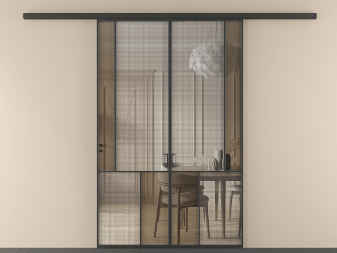 Перегородка Mosaic вдоль стены 2 створки АЛПР 041.21 Алюминий Черный Декоративное стекло с сеткой "Mesh silver", триплекс, 6 мм + Прозрачное бронзовое стекло, триплекс Цена 266080 ₽ | Volhovec