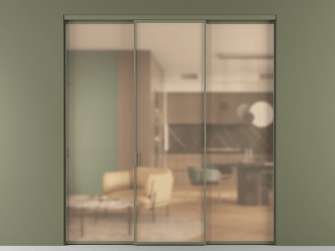 Перегородка Formato внутри проёма 3 створки АЛПР 040.01 Алюминий оливковый тёмный Сатинированное оранжевое стекло, триплекс Цена 225125 ₽ | Volhovec