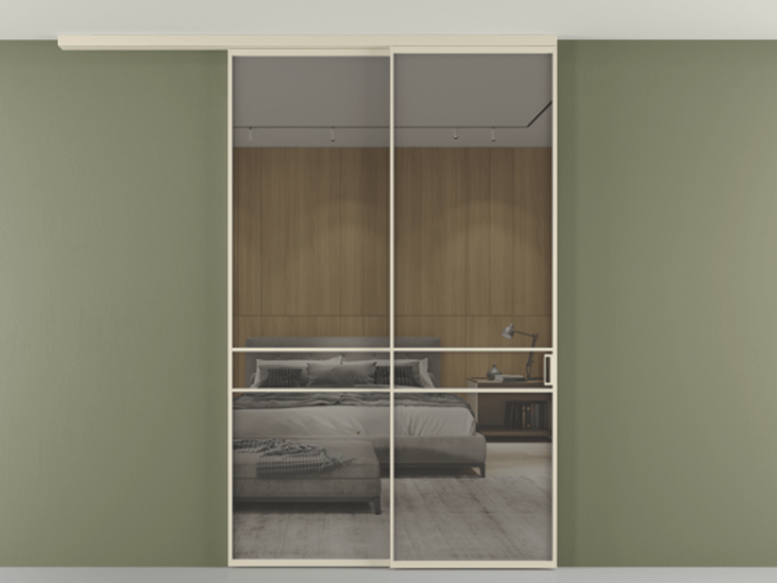 Перегородка Формато вдоль стены на потолок 2 створки с синхронным механизмом АЛПР 040.02 Алюминий бежево-серый Рефлективное серое стекло "Стопсол", калёное Цена 290776 ₽ | Volhovec