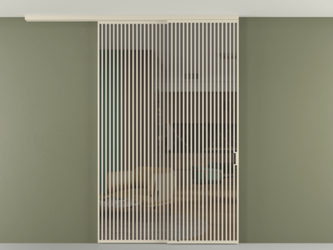 Перегородка Формато вдоль стены на потолок 2 створки с синхронным механизмом АЛПР 040.06 Алюминий бежево-серый Прозрачное серое стекло, триплекс Цена 450456 ₽ | Volhovec