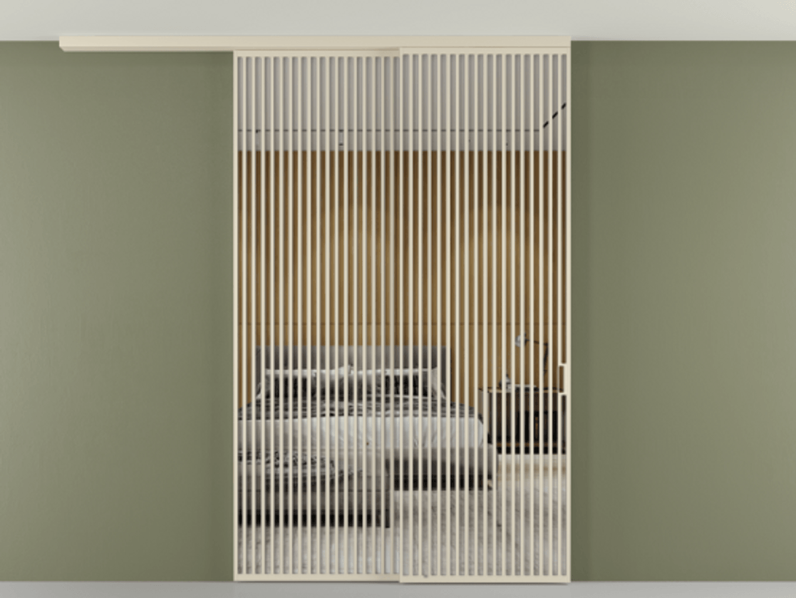 Перегородка Формато вдоль стены на потолок 2 створки с синхронным механизмом АЛПР 040.06 Алюминий бежево-серый Двустороннее зеркало, триплекс , триплекс 6 мм Цена 450456 ₽ | Volhovec