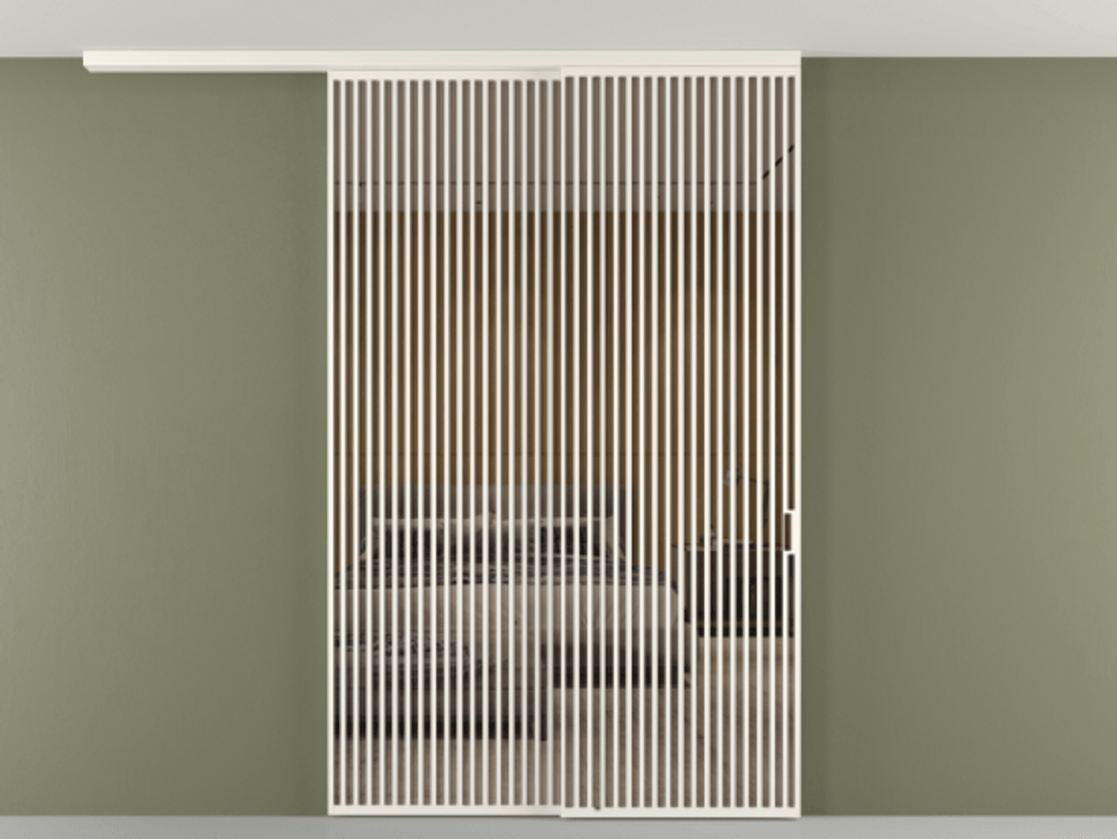 Перегородка Формато вдоль стены на потолок 2 створки с синхронным механизмом АЛПР 040.06 Алюминий пудровый белый Рефлективное бронзовое стекло "Стопсол", калёное Цена 463256 ₽ | Volhovec