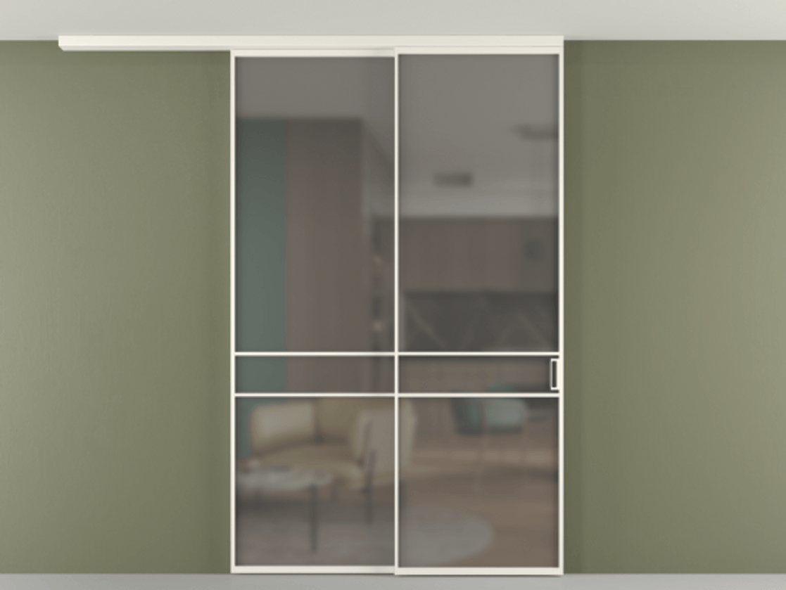 Перегородка Формато вдоль стены на потолок 2 створки с синхронным механизмом АЛПР 040.02 Алюминий пудровый белый Сатинированное серое стекло, триплекс Цена 277976 ₽ | Volhovec