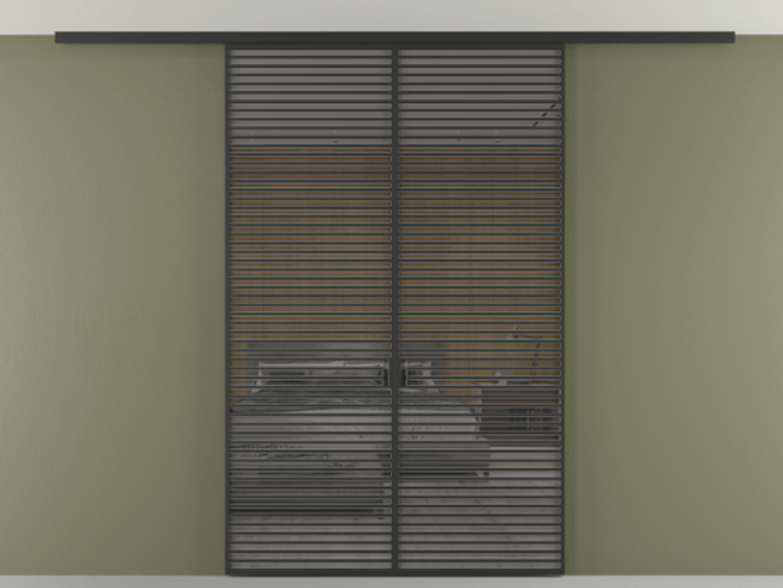 Перегородка Формато вдоль стены на потолок 2 створки АЛПР 040.07 Алюминий Черный Рефлективное серое стекло "Стопсол", калёное Цена 364448 ₽ | Volhovec