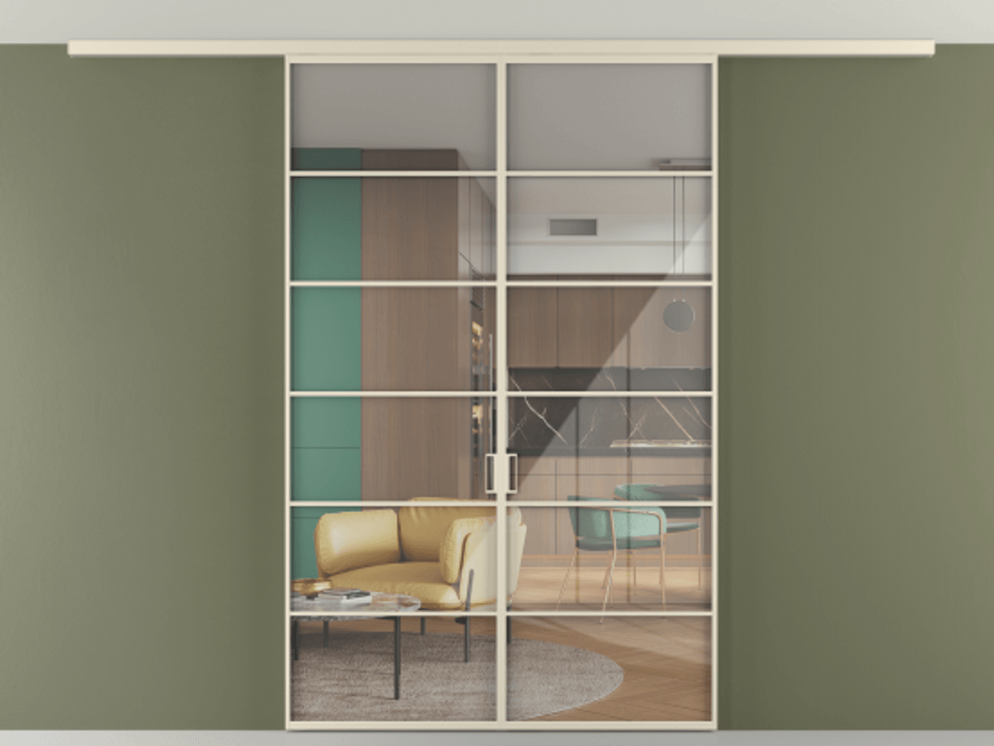 Перегородка Формато вдоль стены на потолок 2 створки АЛПР 040.04 Алюминий бежево-серый Рефлективное прозрачное стекло "Стопсол", калёное Цена 221404 ₽ | Volhovec