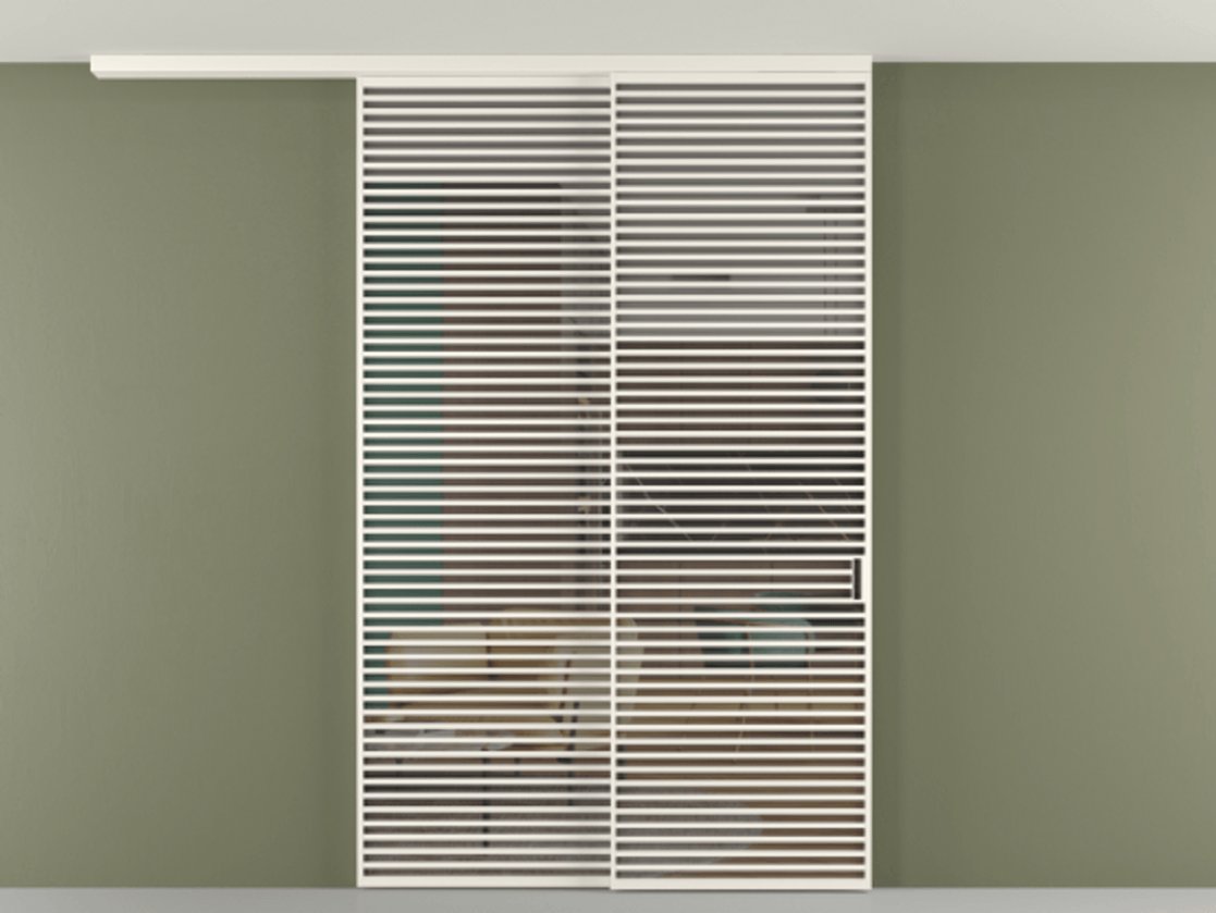 Перегородка Формато вдоль стены на потолок 2 створки с синхронным механизмом АЛПР 040.07 Алюминий пудровый белый Прозрачное серое стекло, триплекс Цена 450456 ₽ | Volhovec