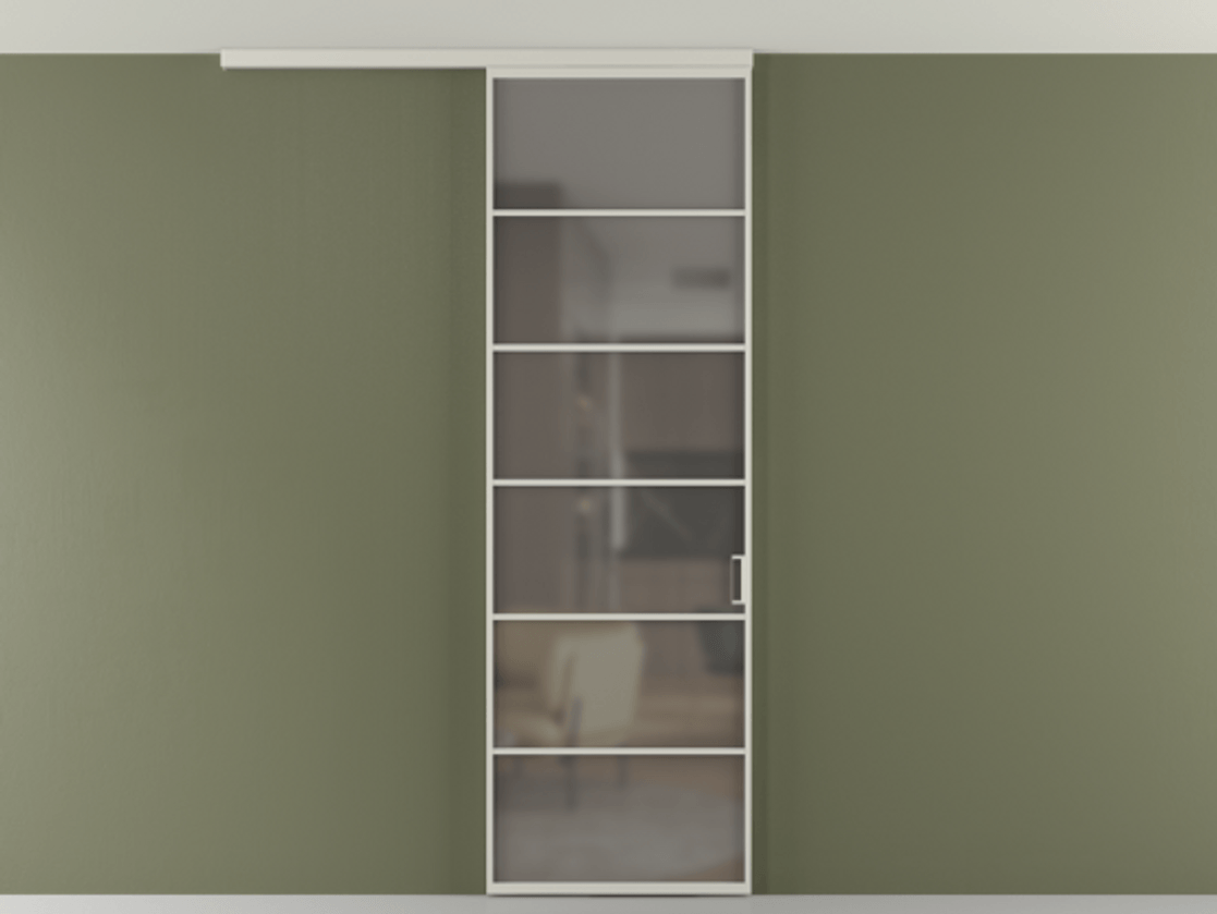 Перегородка Формато вдоль стены на потолок 1 створка АЛПР 040.04 Алюминий тёплый серый Сатинированное серое стекло, триплекс Цена 107852 ₽ | Volhovec