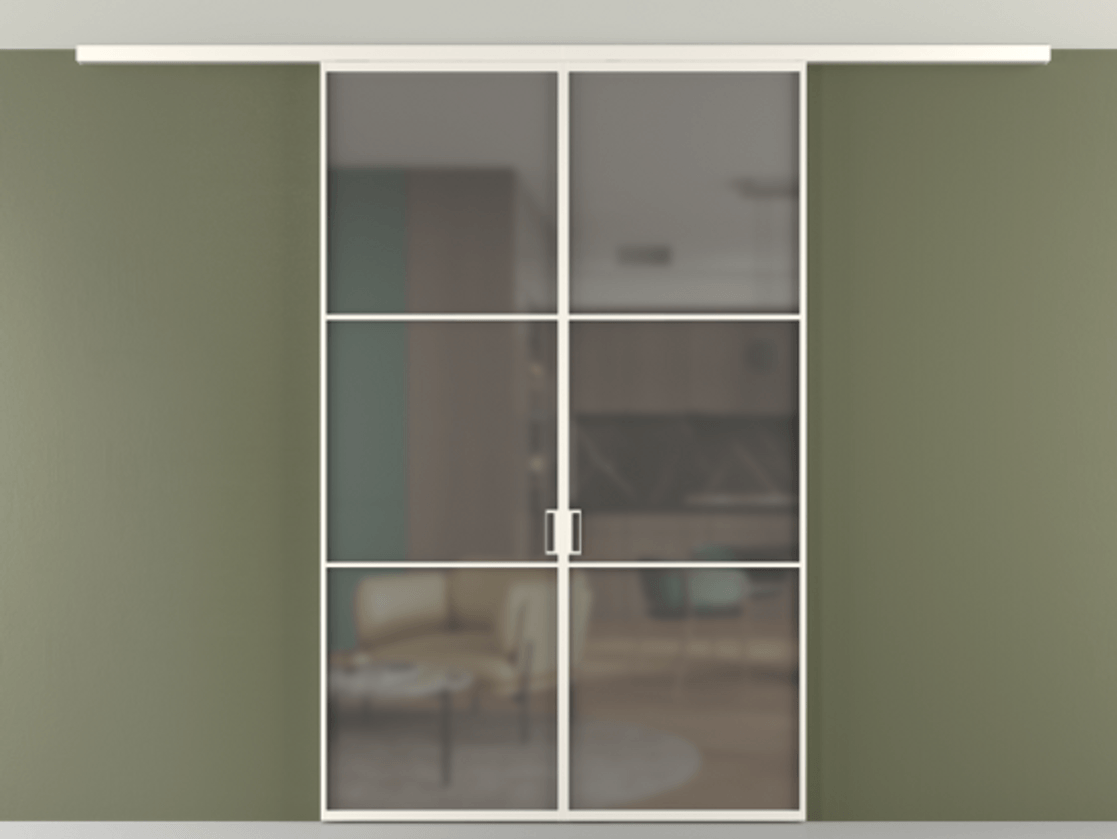 Перегородка Формато вдоль стены на потолок 2 створки АЛПР 040.03 Алюминий пудровый белый Сатинированное серое стекло, триплекс Цена 194876 ₽ | Volhovec