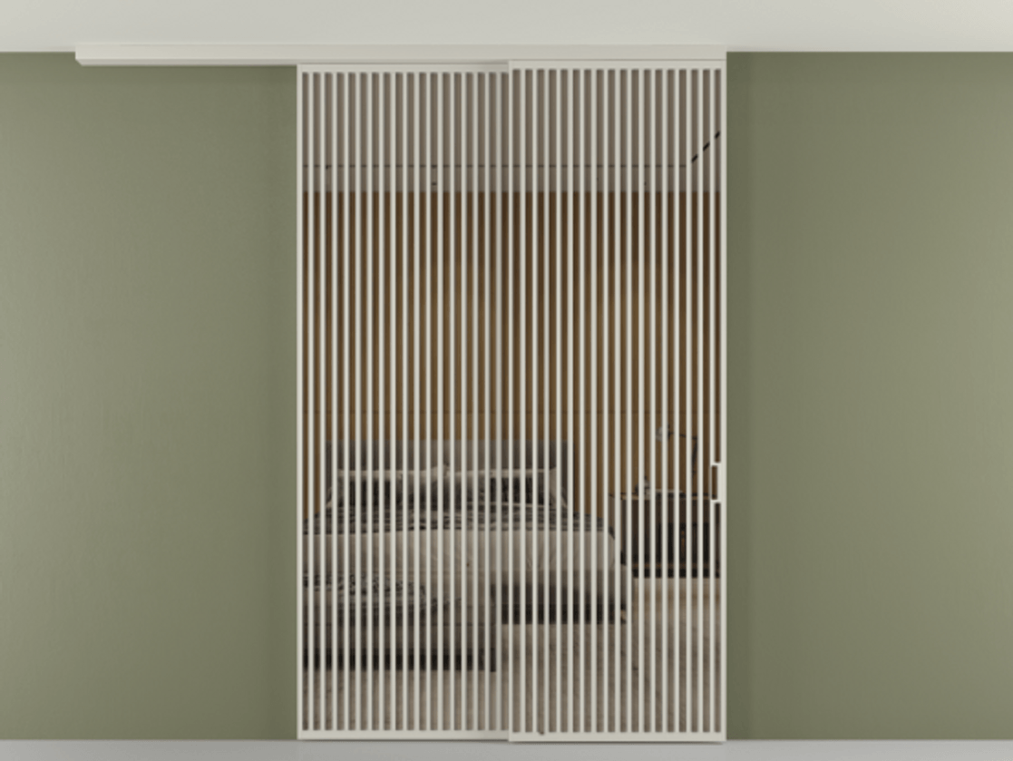 Перегородка Формато вдоль стены на потолок 2 створки с синхронным механизмом АЛПР 040.06 Алюминий тёплый серый Рефлективное бронзовое стекло "Стопсол", калёное Цена 463256 ₽ | Volhovec