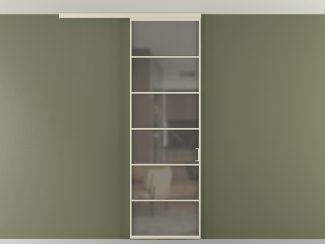 Перегородка Формато вдоль стены на потолок 1 створка АЛПР 040.04 Алюминий бежево-серый Сатинированное серое стекло, триплекс Цена 107852 ₽ | Volhovec