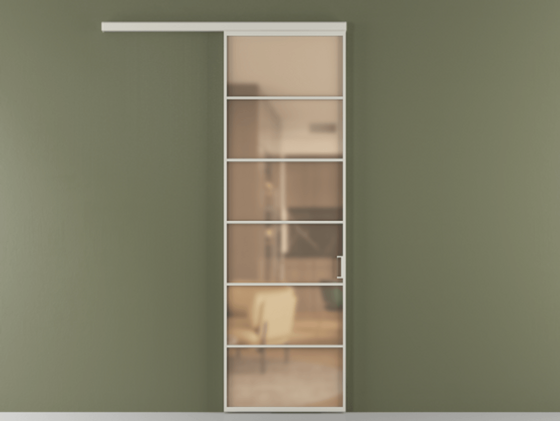 Межкомнатная дверь New Перегородка Formato вдоль стены одностворчатая АЛПР 040.04 Алюминий тёплый серый Сатинированное оранжевое стекло, триплекс Цена 109620  | Volhovec