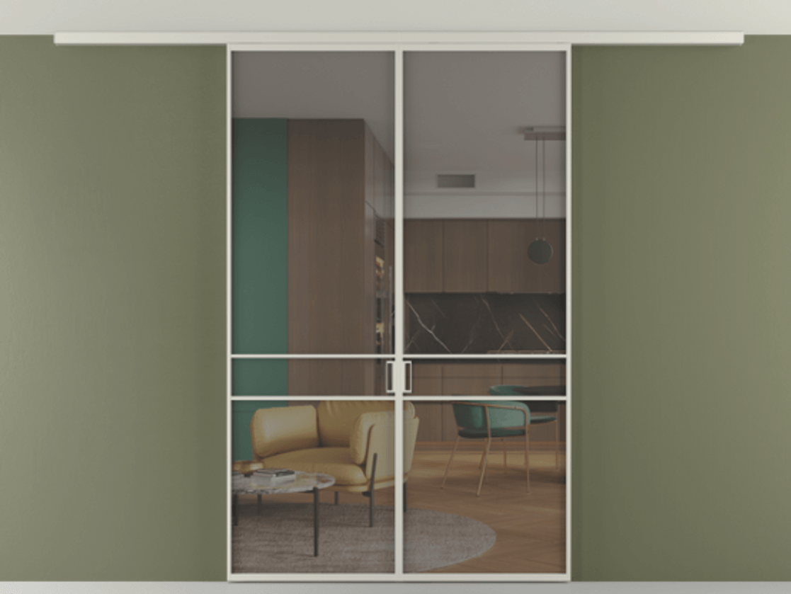 Перегородка Формато вдоль стены на потолок 2 створки АЛПР 040.02 Алюминий тёплый серый Прозрачное серое стекло, триплекс Цена 194876 ₽ | Volhovec