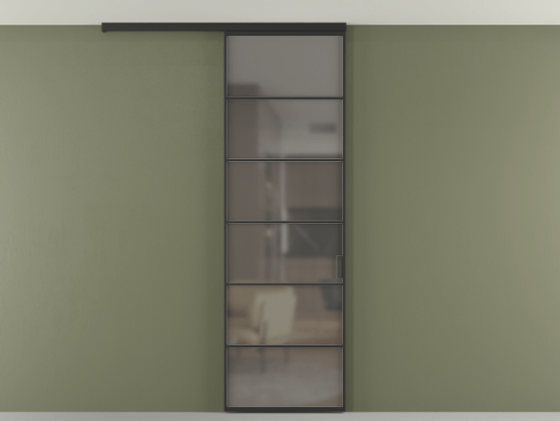 Перегородка Формато вдоль стены на потолок 1 створка АЛПР 040.04 Алюминий Черный Сатинированное серое стекло, триплекс Цена 103632 ₽ | Volhovec