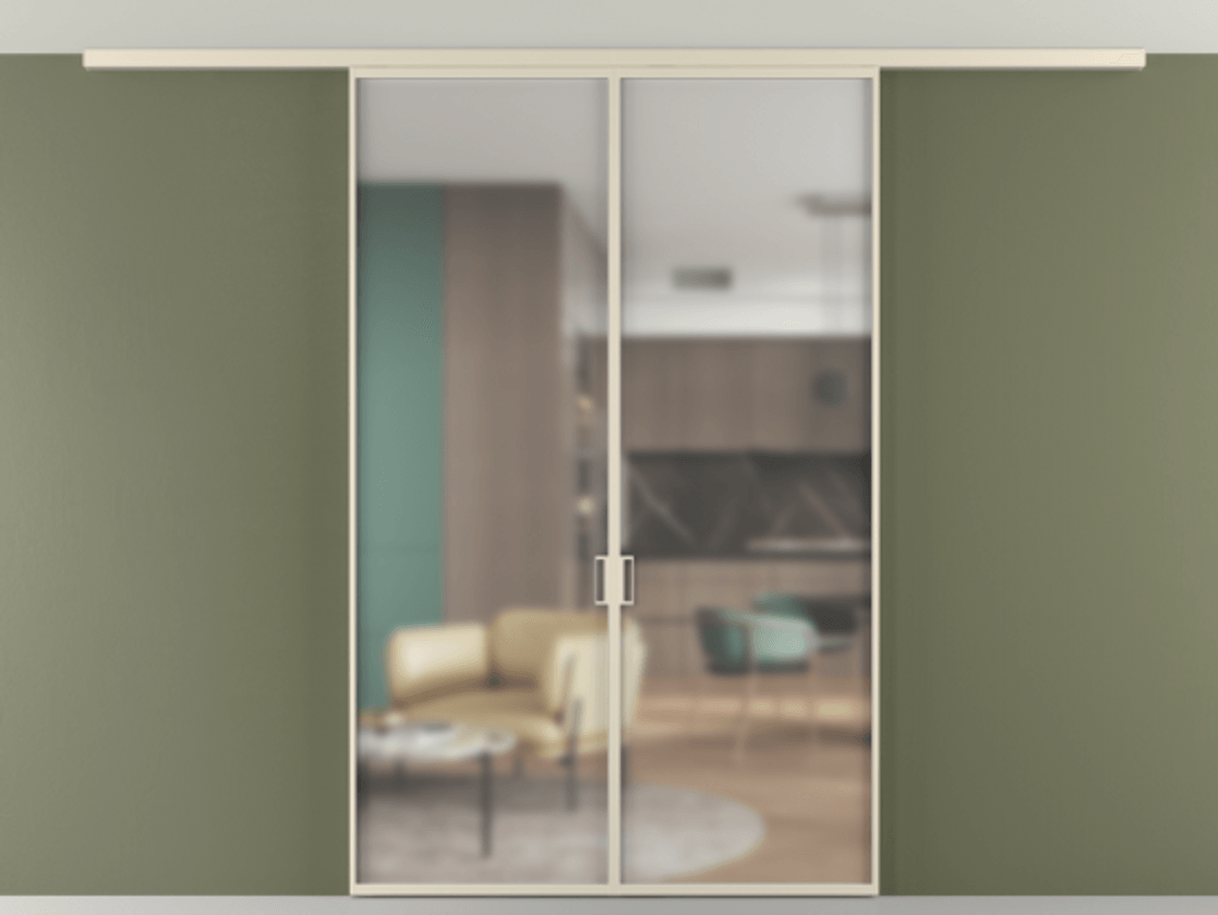 Перегородка Формато вдоль стены на потолок 2 створки АЛПР 040.01 Алюминий бежево-серый Сатинированное стекло "Мателюкс Кристал Вижн", калёное, матовое, каленое 6 мм Цена 198172 ₽ | Volhovec