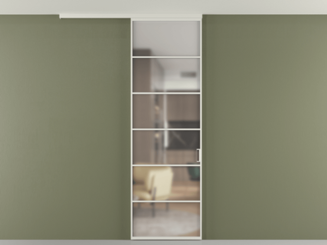 Перегородка Формато вдоль стены на потолок 1 створка АЛПР 040.04 Алюминий Белый Сатинированное стекло "Мателюкс Кристал Вижн", калёное, матовое, каленое 6 мм Цена 110032 ₽ | Volhovec