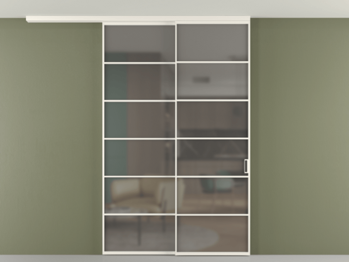 Перегородка Формато вдоль стены на потолок 2 створки с синхронным механизмом АЛПР 040.04 Алюминий пудровый белый Сатинированное серое стекло, триплекс Цена 291704 ₽ | Volhovec