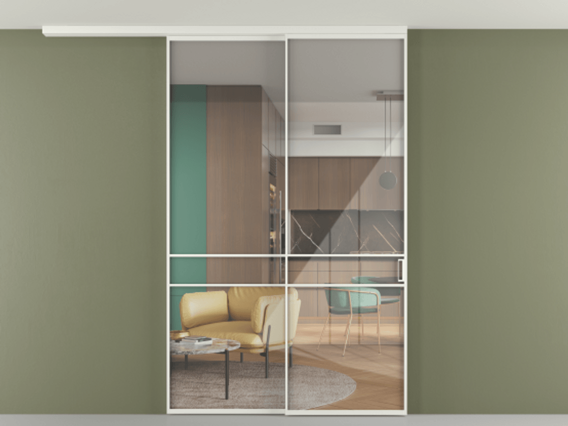 Перегородка Формато вдоль стены на потолок 2 створки с синхронным механизмом АЛПР 040.02 Алюминий светло-серый Рефлективное прозрачное стекло "Стопсол", калёное Цена 290776 ₽ | Volhovec