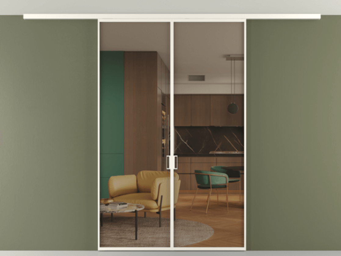 Перегородка Формато вдоль стены на потолок 2 створки АЛПР 040.01 Алюминий пудровый белый Прозрачное бронзовое стекло, триплекс Цена 185372 ₽ | Volhovec