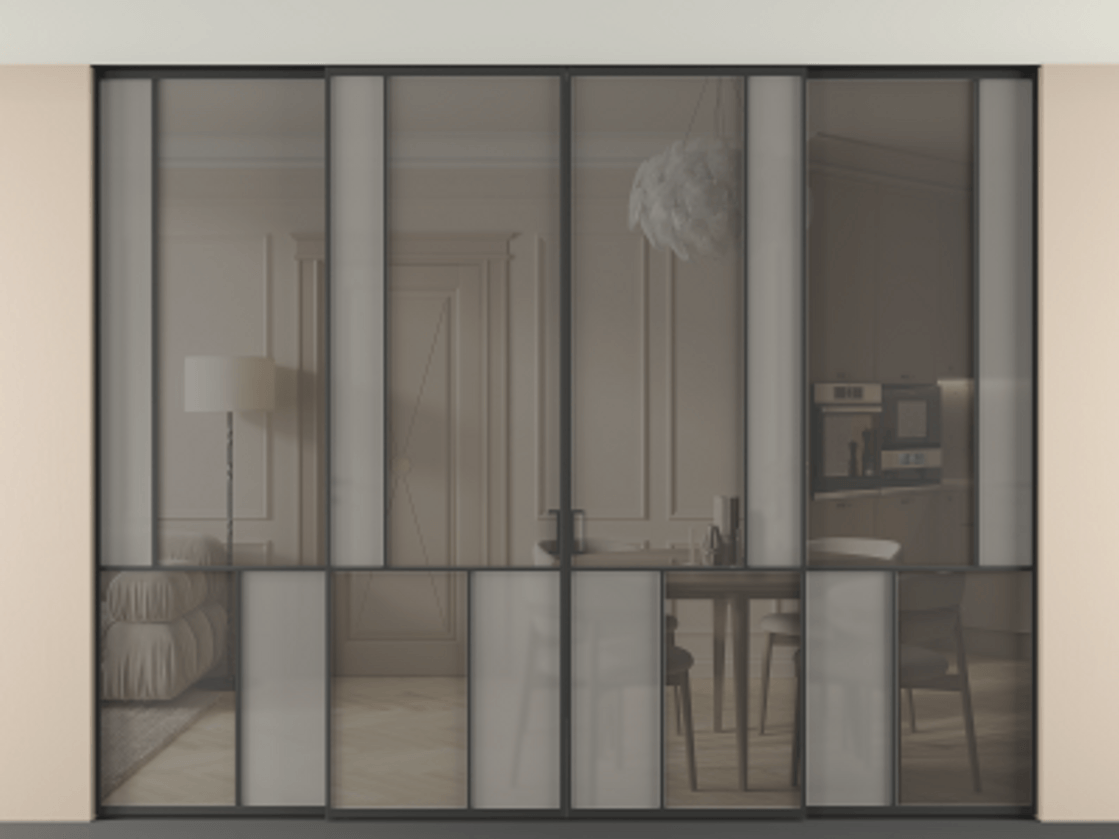 Перегородка Mosaic внутри проёма скрытое крепление в потолок 4 створки АЛПР 041.21 Алюминий Черный Сатинированное серое стекло, триплекс, 6 мм + Прозрачное серое стекло, триплекс Цена 574140 ₽ | Volhovec