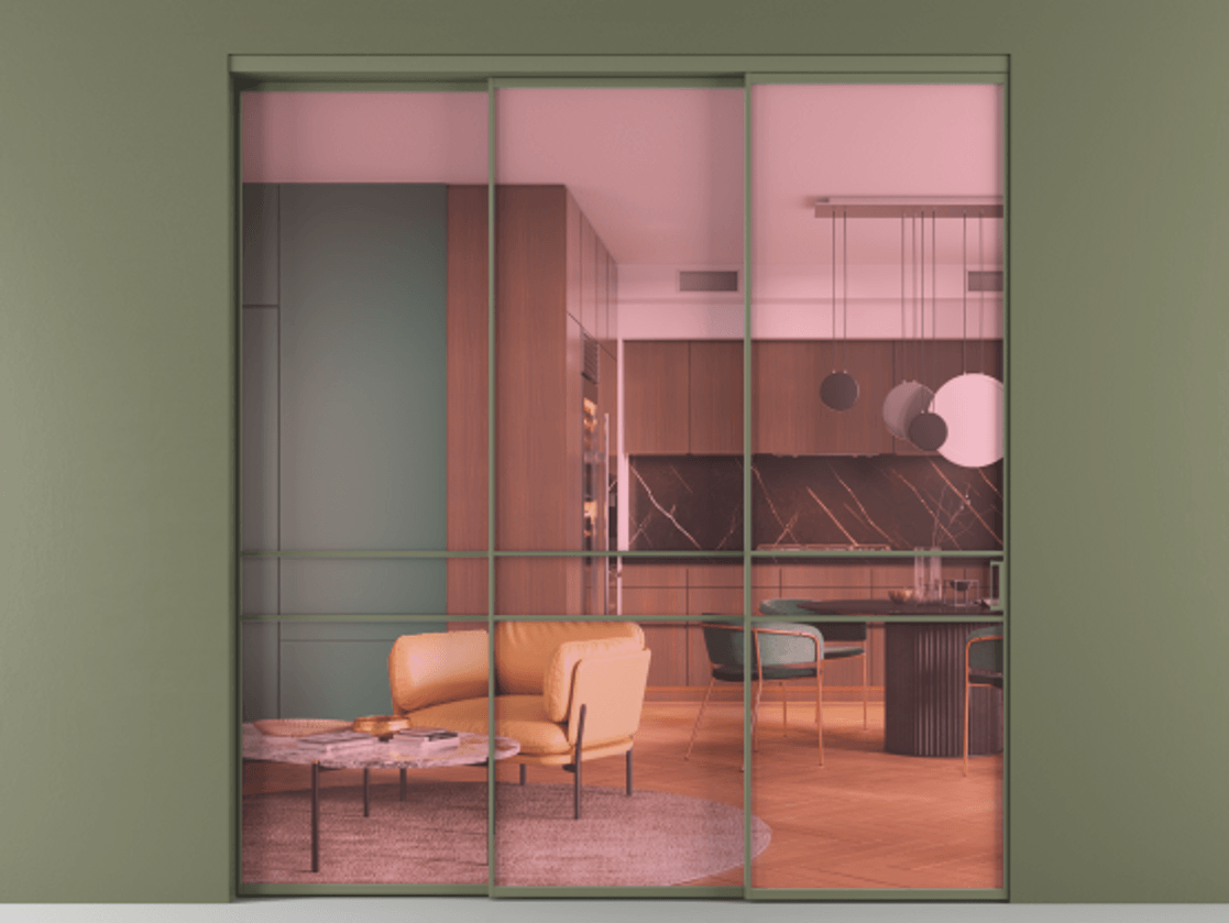 Перегородка Формато внутри проёма 3 створки с синхронным механизмом АЛПР 040.02 Алюминий оливковый тёмный Прозрачное розовое стекло, триплекс Цена 389600 ₽  | Volhovec