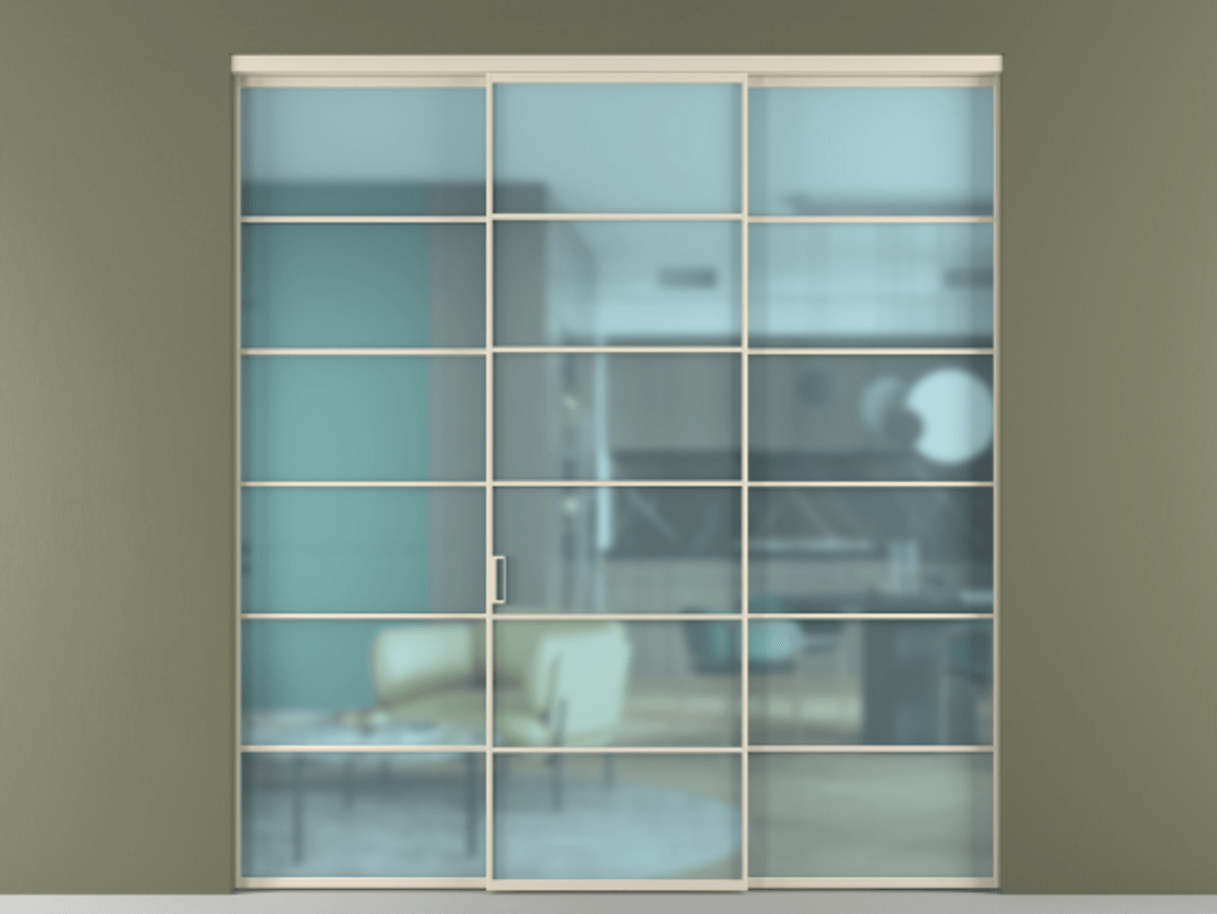 Перегородка Формато внутри проёма 3 створки АЛПР 040.04 Алюминий бежево-серый Сатинированное голубое стекло, триплекс Цена 317000 ₽ | Volhovec