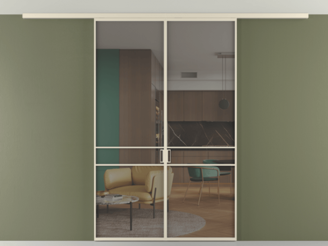 Перегородка Формато вдоль стены на потолок 2 створки АЛПР 040.02 Алюминий бежево-серый Прозрачное серое стекло, триплекс Цена 194876 ₽ | Volhovec