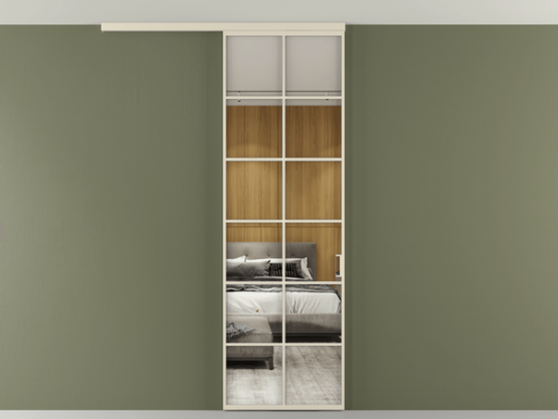 Перегородка Формато вдоль стены на потолок 1 створка АЛПР 040.05 Алюминий бежево-серый Двустороннее зеркало, триплекс , триплекс 6 мм Цена 107852 ₽ | Volhovec