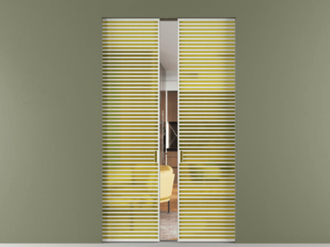 Перегородка Формато скрытый пенал 2 створки АЛПР 040.07 Алюминий светло-серый Сатинированное жёлтое стекло, триплекс Цена 441300 ₽ | Volhovec