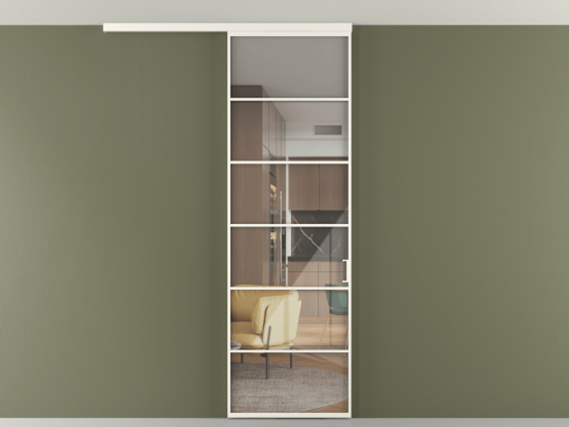 Перегородка Формато вдоль стены на потолок 1 створка АЛПР 040.04 Алюминий пудровый белый Рефлективное прозрачное стекло "Стопсол", калёное Цена 114252 ₽ | Volhovec