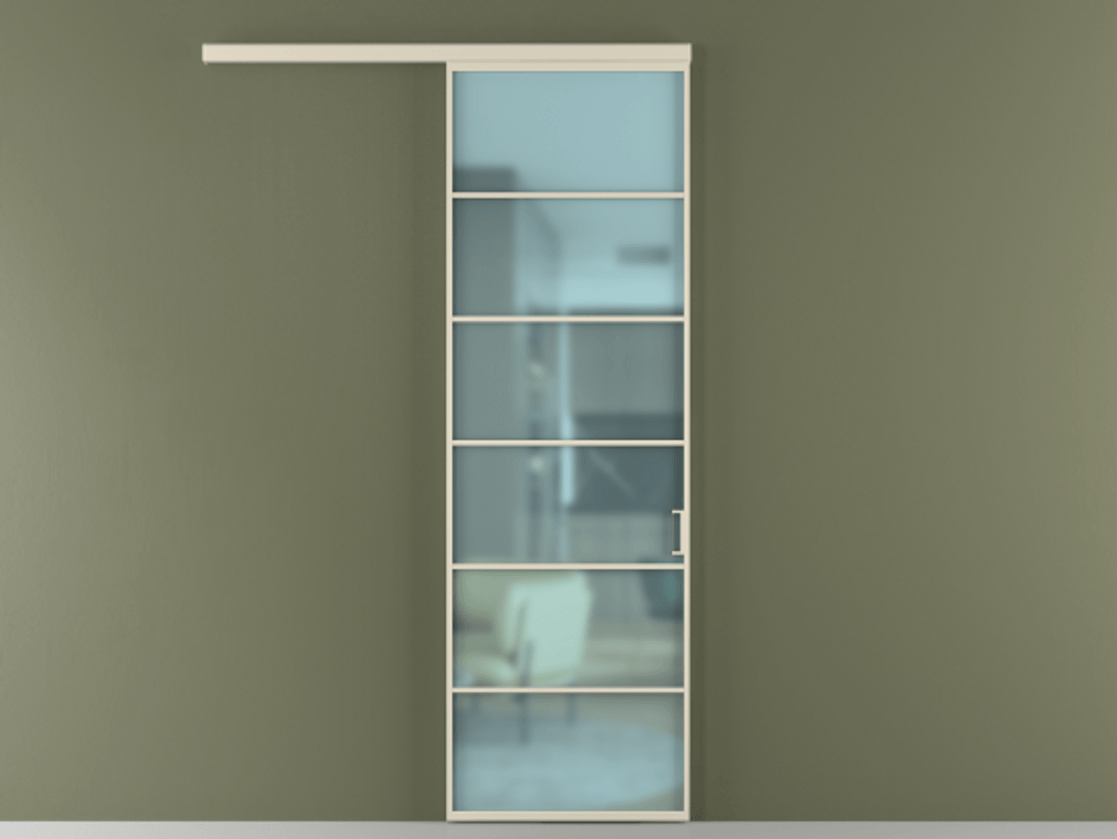 Межкомнатная дверь New Перегородка Formato вдоль стены одностворчатая АЛПР 040.04 Алюминий бежево-серый Сатинированное голубое стекло, триплекс Цена 109620  | Volhovec