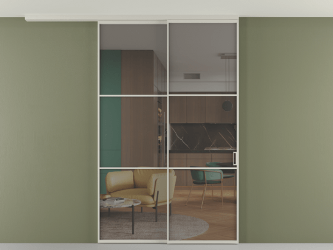 Перегородка Формато вдоль стены на потолок 2 створки с синхронным механизмом АЛПР 040.03 Алюминий тёплый серый Прозрачное серое стекло, триплекс Цена 277976 ₽ | Volhovec