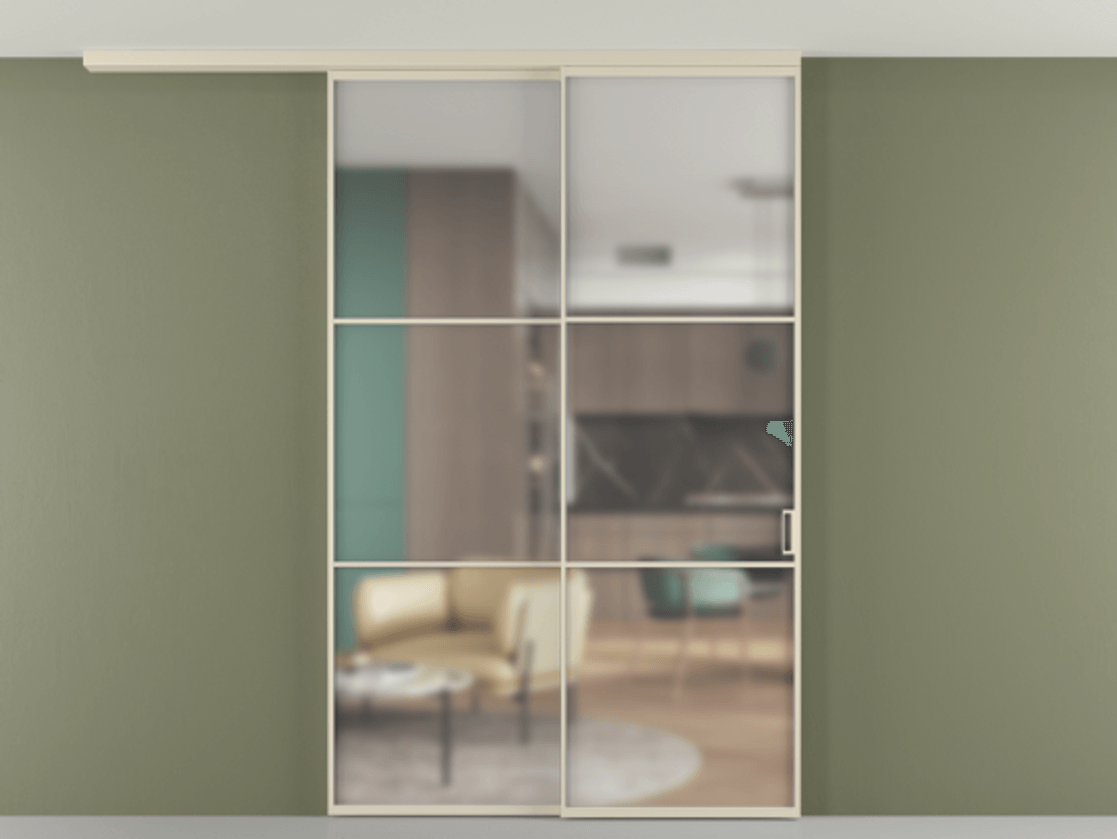 Перегородка Формато вдоль стены на потолок 2 створки с синхронным механизмом АЛПР 040.03 Алюминий бежево-серый Сатинированное стекло "Мателюкс Кристал Вижн", калёное, матовое, каленое 6 мм Цена 290776 ₽ | Volhovec