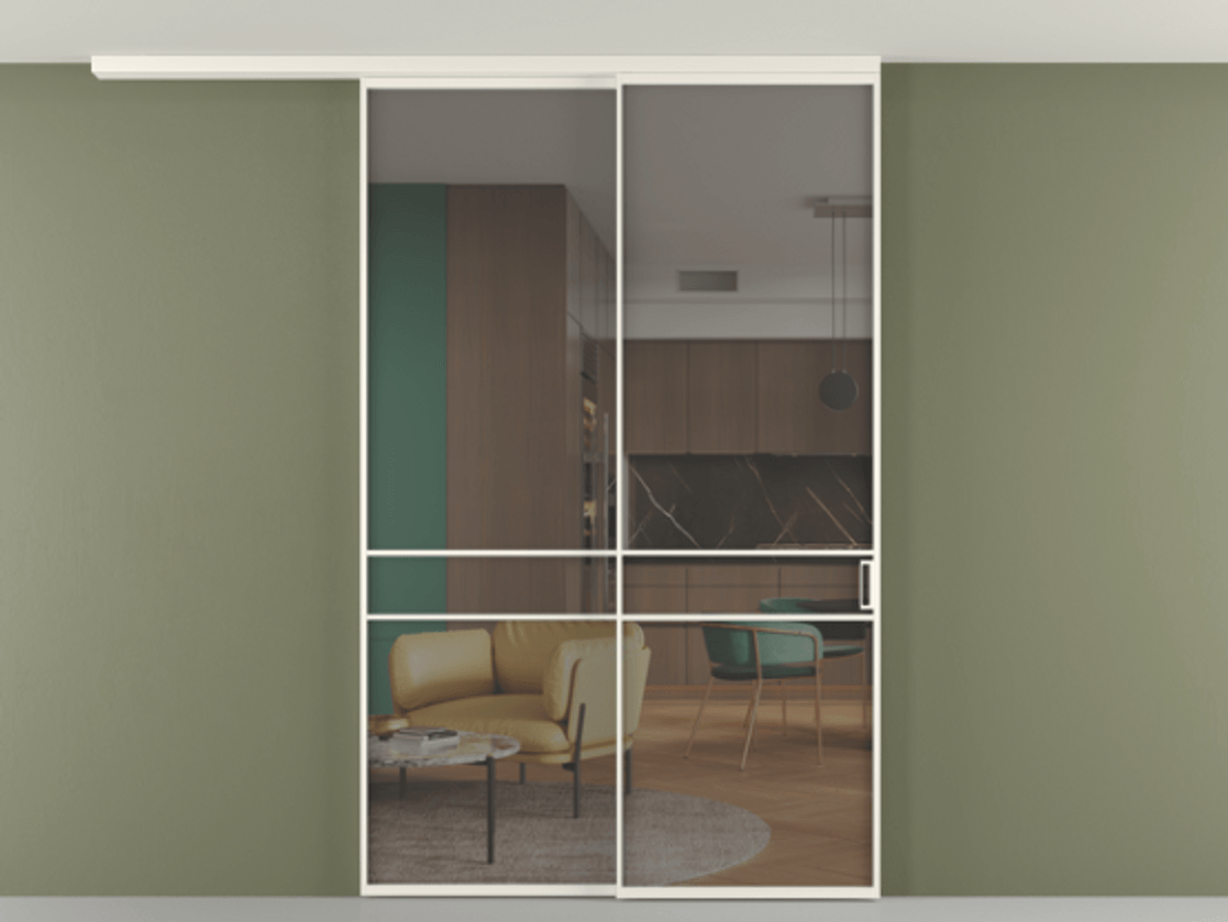 Перегородка Формато вдоль стены на потолок 2 створки с синхронным механизмом АЛПР 040.02 Алюминий пудровый белый Прозрачное серое стекло, триплекс Цена 277976 ₽ | Volhovec