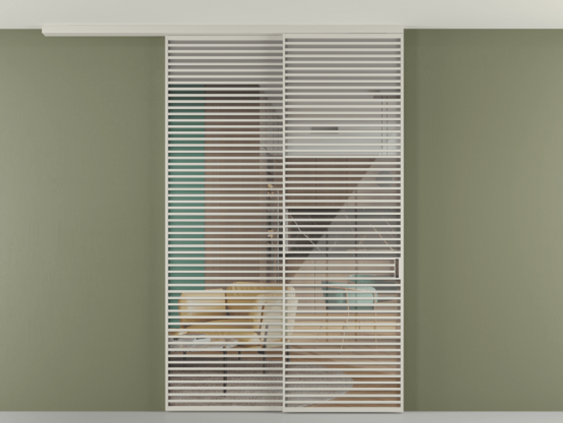 Перегородка Формато вдоль стены на потолок 2 створки с синхронным механизмом АЛПР 040.07 Алюминий тёплый серый Рефлективное прозрачное стекло "Стопсол", калёное Цена 463256 ₽ | Volhovec