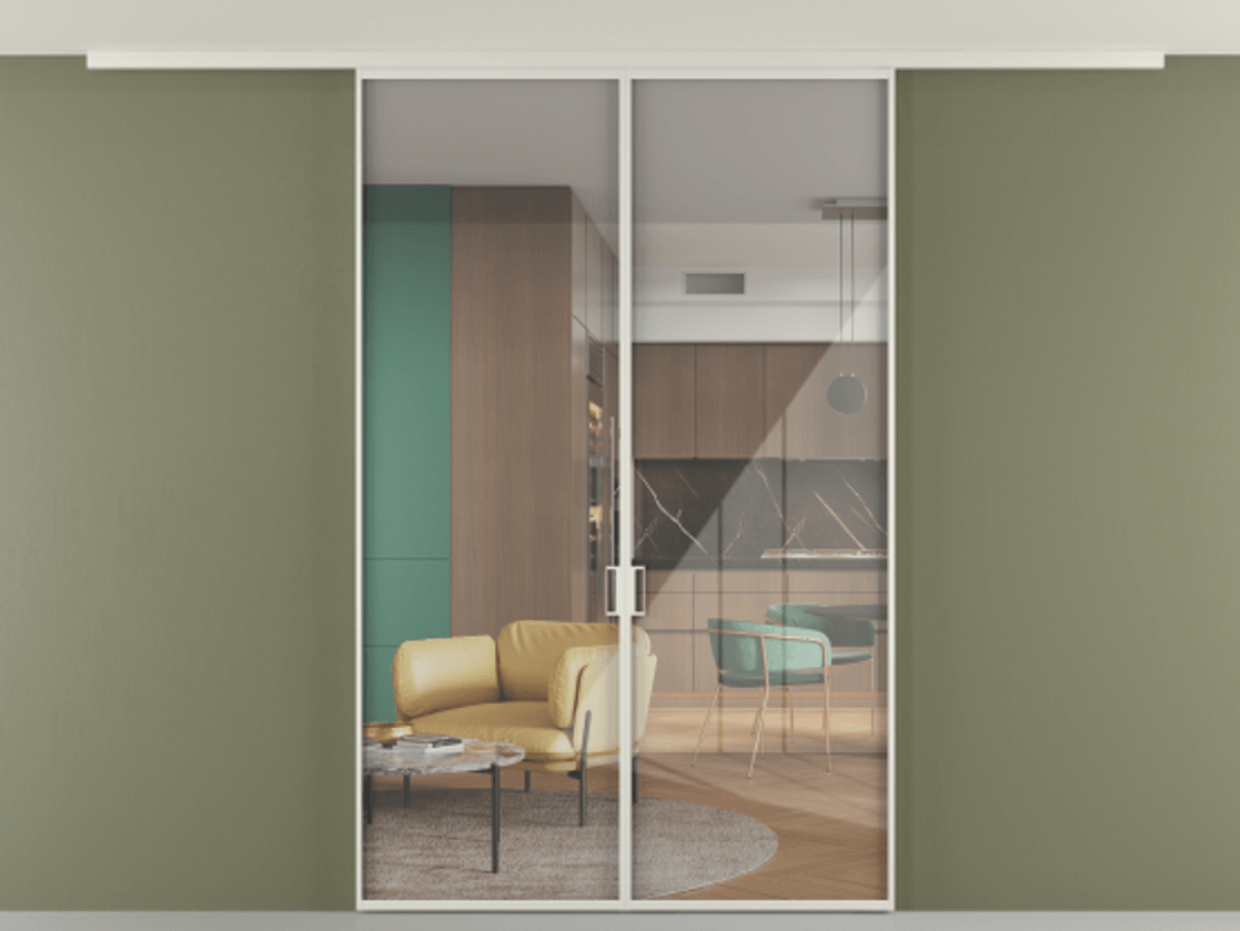 Перегородка Формато вдоль стены на потолок 2 створки АЛПР 040.01 Алюминий Белый Рефлективное прозрачное стекло "Стопсол", калёное Цена 191088 ₽ | Volhovec