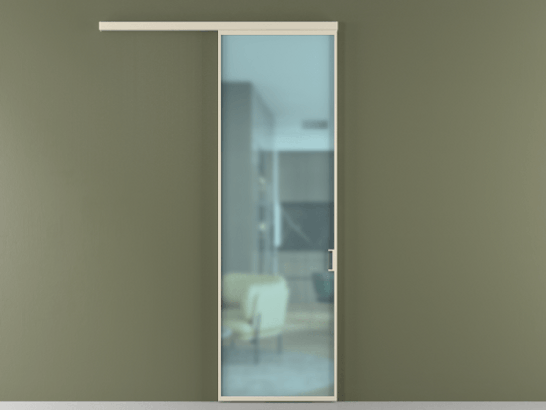 Перегородка Формато вдоль стены 1 створка АЛПР 040.01 Алюминий бежево-серый Сатинированное голубое стекло, триплекс Цена 115700 ₽  | Volhovec