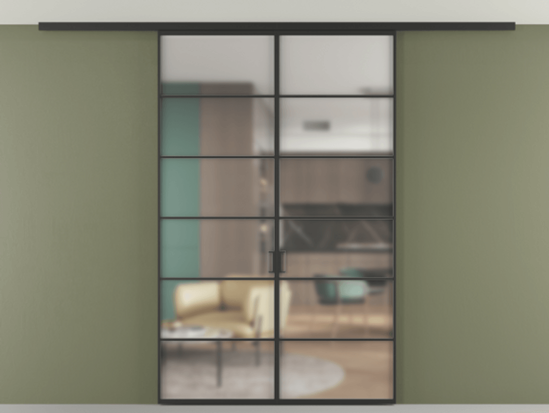 Перегородка Формато вдоль стены на потолок 2 створки АЛПР 040.04 Алюминий Черный Сатинированное стекло "Мателюкс Кристал Вижн", калёное, матовое, каленое 6 мм Цена 213264 ₽ | Volhovec