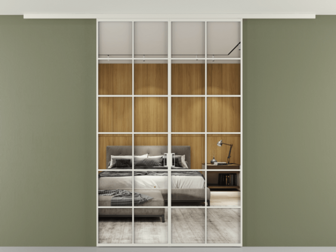 Перегородка Формато вдоль стены на потолок 2 створки АЛПР 040.05 Алюминий Белый Двустороннее зеркало, триплекс , триплекс 6 мм Цена 200464 ₽ | Volhovec